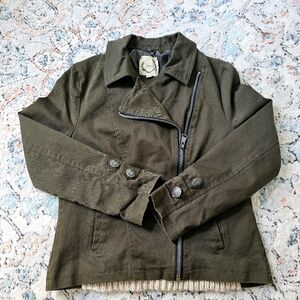 Sea Gypsie Women Medium Moto Jacket Gorpcore Cable Knit Back Army Green Military